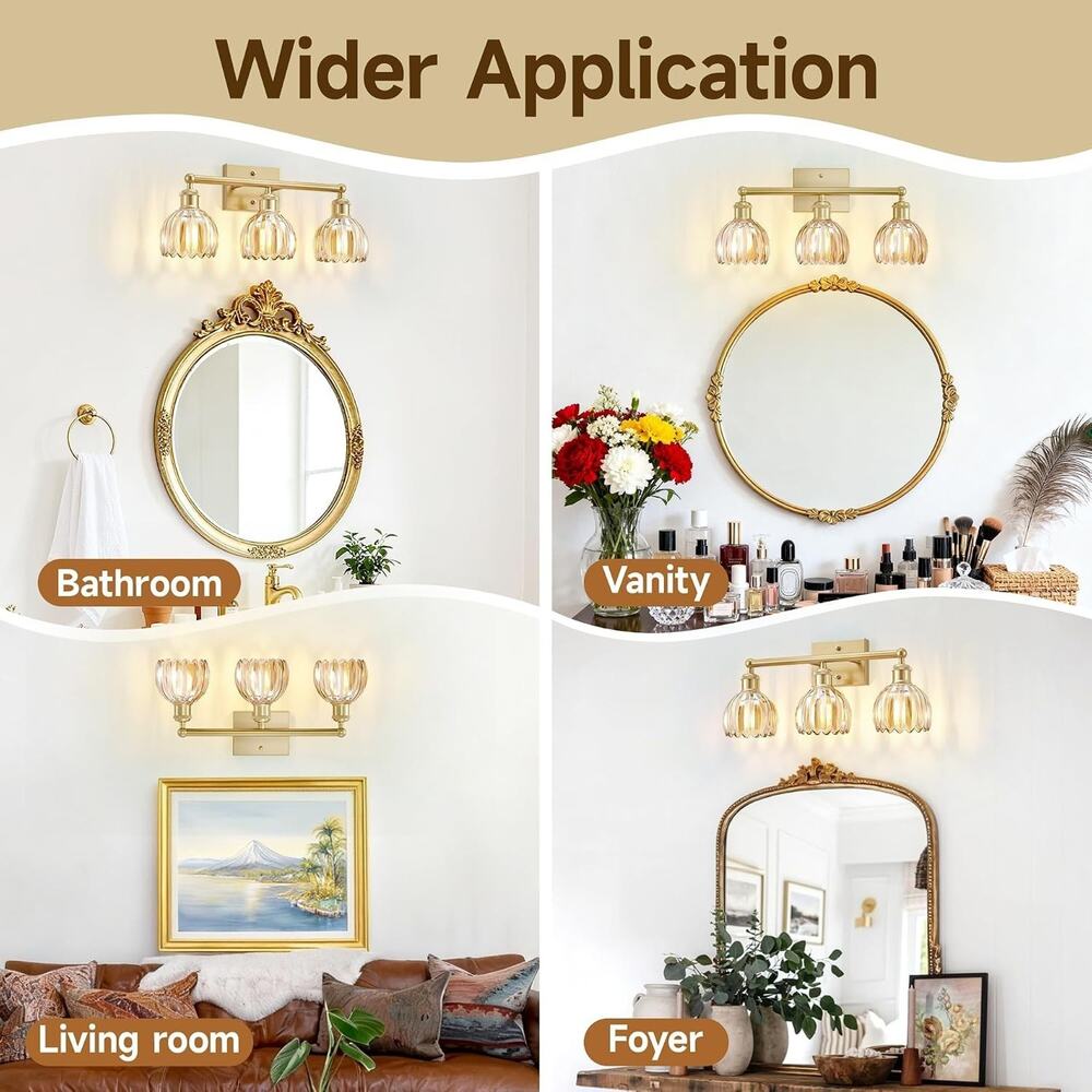20" 3-Light Brushed Brass Bathroom Vanity Light with Amber Glass Shades - Picture 2 of 6